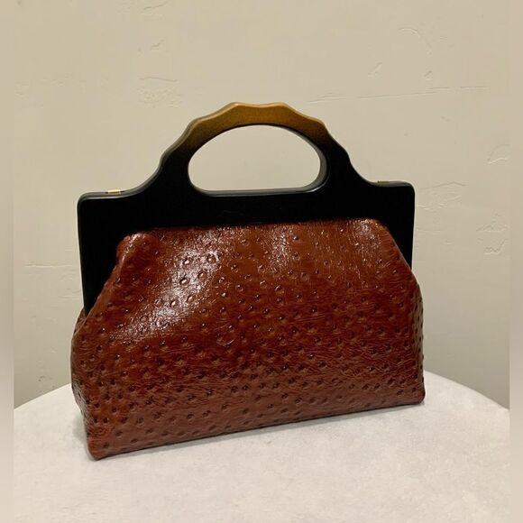 Handmade Genuine Ostrich Textured Cowhide, Wooden Frame Top Handle Satchel - Picture 7 of 14